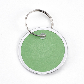 Aluminum Pendants, with Paper and Iron Key Ring Clasps, Flat Round, Platinum, Light Green, 31x1mm, Ring: 19x1mm, hole: 17mm