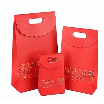 Rectangle Paper Flip Gift Bags, with Handle & Word & Floral Pattern, Shopping Bags, Dark Red, 12.3x6x16.1cm
