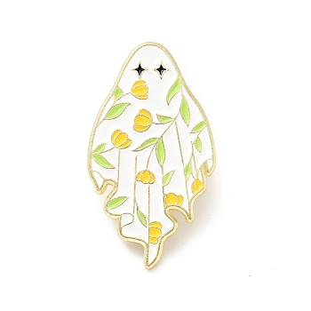 Ghost with Flower Enamel Pin, Halloween Alloy Badge for Backpack Clothes, Light Gold, Yellow, 30.5x17x1.5mm