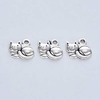 Tibetan Style Alloy Kitten Pendants, Cadmium Free & Lead Free, Cat with Roll Over Shape, Antique Silver, 13x14x3mm, Hole: 2mm, about 625pcs/500g
