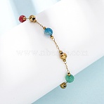 Natural Agate & Dyed Jade Round Beaded Link Bracelets, 304 Stainless Steel Cable Chain Bracelets for Women, Ion Plating(IP), Golden, 7.36 inch(18.7cm)(BJEW-G774-02G)