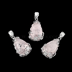 Natural Rose Quartz Pendants, with Brass Findings, Drop, Platinum, 31x19x8mm, Hole: 4.5x8mm(G-P393-P05)