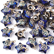 Electroplate Glass Pendants, with Light Gold Plated Brass Ice Pick Pinch Bails, Faceted, Star with Rose, Dark Blue, 16x13.5x7mm, Hole: 1.2mm(EGLA-N005-003B)