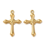 304 Stainless Steel Pendants, Cross Charm, Real 18K Gold Plated, 25x17x3mm, Hole: 1.2mm(STAS-Q252-07G)