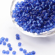 (Repacking Service Available) 6/0 Glass Seed Beads, Silver Lined Round Hole, Round, Blue, 4mm, Hole: 1.5mm, about 12G/bag(SEED-C014-4mm-28)
