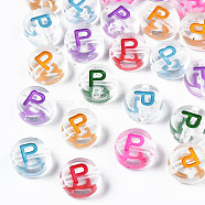 Transparent Clear Acrylic Beads, Horizontal Hole, Flat Round with Mixed Color Letter, Letter.P, 7x3.5mm, Hole: 1.2mm, about 3700pcs/500g(MACR-N008-56P)