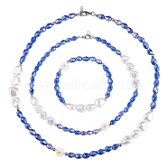 3Pcs Natural Shell & Plastic Pearl Flower & Glass Beaded Necklaces and Stretch Bracelet Set, Jewelry Set for Women, Blue, 15-3/8~18-1/4 inch(39~46.5cm), Inner Diameter: 2 inch(5.3cm)(SJEW-SW00010-03)