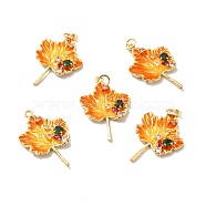 Autumn Theme Rack Plating Brass Micro Pave Cubic Zirconia Pendants, Cadmium Free & Lead Free & Nickle Free, with Enamel and Jump Ring, Real 18K Gold Plated, Maple Leaf, Dark Orange, 30x20x3.5mm, Jump Ring: 5x0.6mm, Inner Diameter: 3.5mm(X-KK-M230-19G)