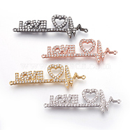 Brass Micro Pave Cubic Zirconia Links, Heartbeat & Heart with Word Love, For Valentine's Day, Clear, Mixed Color, 36x12x2mm, Hole: 0.7mm(KK-O109-09C)