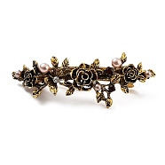 Flower Alloy Rhinestone Hair Barrettes, with Iron and Plastic Imitation Pearl, for Woman Girls, Antique Golden, 23x83x25mm(PHAR-S604-01AG-04)