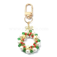 Christmas Wreath Shell Pearl Pendant Decoration, Alloy Bowknot and Swivel Clasps Charm, Colorful, 82mm(HJEW-TA00024)
