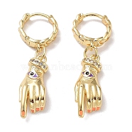 Real 18K Gold Plated Brass Dangle Hoop Earrings, with Enamel and Cubic Zirconia, Hand with Evil Eye, Colorful, 36.5x8mm(EJEW-L269-015G)