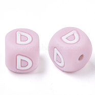 Food Grade Eco-Friendly Silicone Beads, Horizontal Hole, Chewing Beads For Teethers, DIY Nursing Necklaces Making, Letter Style, Cube, Pink, Letter.D, 10x10x10mm, Hole: 2mm(X-SIL-R011-10mm-04D)