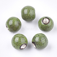 Handmade Porcelain Beads, Fancy Antique Glazed Porcelain, Round, Yellow Green, 10.5~11x9.5mm, Hole: 2.5mm(PORC-Q262-01D)
