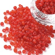 (Repacking Service Available) Glass Seed Beads, Frosted Colors, Round, Red, 6/0, 4mm, Hole: 1~1.5mm, about 12g/bag(SEED-C017-4mm-M5)