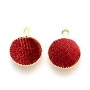Handmade Velours Covered Pendants, with Brass Findings, Flat Round, Golden, Red, 14x11x3mm, Hole: 1mm(WOVE-R101-B05)