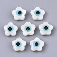 Natural Freshwater Shell Beads, with Enamel, Flower with Evil Eye, Sky Blue, 10.5x10.5x4.5mm, Hole: 0.9mm(X-SHEL-N026-34)