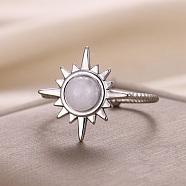 304 Stainless Steel Sun Open Cuff Rings, Opalite Ring for Women, Stainless Steel Color, Adjustable(RJEW-F161-01P-03)