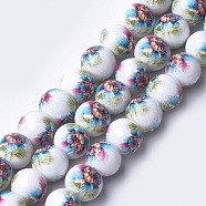 Printed & Spray Painted Glass Beads, Round with Flower Pattern, Colorful, 12~12.5x11.5mm, Hole: 1.4mm(GLAA-S047-02C-03)