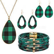 Tartan Pattern Imitation Leather Teardrop Pendant Necklace & Dangle Earrings & Multi-Strand Bracelet, Golden Alloy Jewelry Set for Women, Green, 850mm, 78x37mm, 80x39mm, 192mm In Diameter(JX529C)