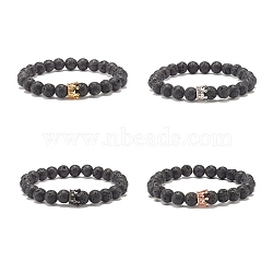 4Pcs 4 Color Natural Lava Rock Round Beaded Stretch Bracelets Set with Cubic Zirconia Crown, Essential Oil Gemstone Jewelry for Women, Mixed Color, Inner Diameter: 2-1/4 inch(5.8cm), 1Pc/style(BJEW-JB07797)