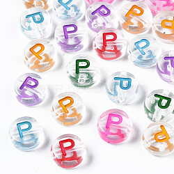 Transparent Clear Acrylic Beads, Horizontal Hole, Flat Round with Mixed Color Letter, Letter.P, 7x3.5mm, Hole: 1.2mm, about 3700pcs/500g(MACR-N008-56P)