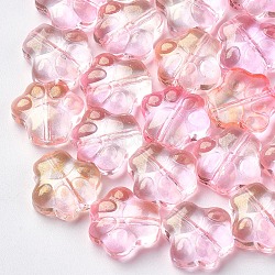 Transparent Spray Painted Glass Beads, with Glitter Powder, Dog Paw Prints, Pink, 11x12x4.5mm, Hole: 1mm(GGLA-S054-008B-03)
