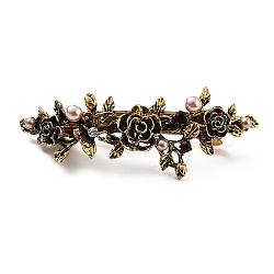 Flower Alloy Rhinestone Hair Barrettes, with Iron and Plastic Imitation Pearl, for Woman Girls, Antique Golden, 23x83x25mm(PHAR-S604-01AG-04)