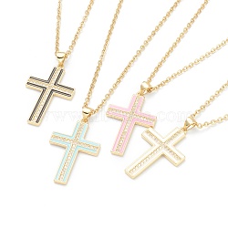Brass Micro Pave Cubic Zirconia Cross Pendant Necklaces, with Enamel and 304 Stainless Steel Cable Chains, Golden, Mixed Color, 17.52 inch(44.5cm)(NJEW-F281-08)