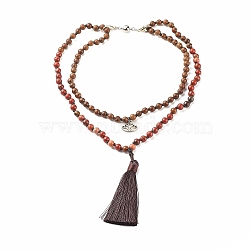 Round Wood Beaded Double Layer Necklace with Brass Magnetic Clasp, Alloy Lotus & Polyester Tassel Pendants Necklace for Women, Saddle Brown, 31.50 inch(80cm)(NJEW-JN03858)