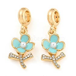 Rack Plating Alloy Enamel Flower European Dangle Charms, Large Hole Pendants, with Crystal Rhinestone, Golden, Cadmium Free & Nickel Free & Lead Free, Light Sky Blue, 29.5mm, Hole: 4.8mm, Flower: 19x11x4mm(FIND-B034-15G-02)