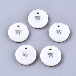 Natural Freshwater Shell Pendants, with Platinum Plated Iron Etched Metal Embellishments, Flat Round with Initial Letter, White, Letter.W, 11x2mm, Hole: 1.5mm(SHEL-Q018-01A-W-P)