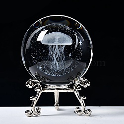 Carving Crystal Ball, Glass Sphere Decoration, with Platinum Tone Alloy Stand, Clear, Jellyfish, 60mm(PW-WG57829-17)