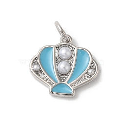 Rack Plating Brass Enamel Pendants, with Glass Pearl and Jump Ring, Long-Lasting Plated, Cadmium Free & Lead Free, Sea Shell, Platinum, Sky Blue, 17x15x3mm, Hole: 3mm(KK-Z056-35P-02)