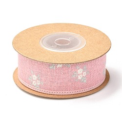 Burlap Ribbon, Flower Pattern, for Gifts Wrapping Party Decorating, Pink, 1 inch(25mm), about 5.4yards(5m)/roll(SRIB-F010-02A)