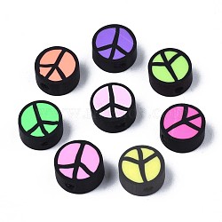 Handmade Polymer Clay Beads, Flat Round with Peace Sign, Mixed Color, 9~10x4.5mm, Hole: 1.6mm(CLAY-N007-006)