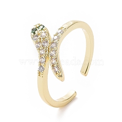 Green Cubic Zirconia Snake Open Cuff Ring, Brass Jewelry for Women, Golden, Inner Diameter: 17.6mm(RJEW-I094-17G)