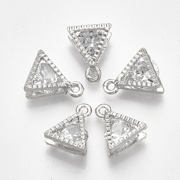 Alloy Charms, with Cubic Zirconia, Triangle, Clear, Platinum, 11x9x5mm, Hole: 1mm