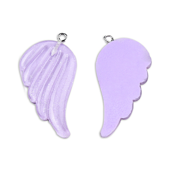 Translucent Resin Pendants, Wing Charms, with Platinum Plated Iron Loops and Glitter Powder, Lilac, 41x30x4mm, Hole: 2mm