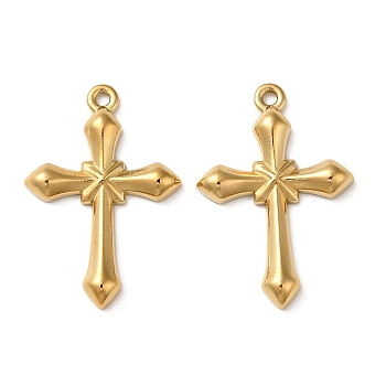 304 Stainless Steel Pendants, Cross Charm, Real 18K Gold Plated, 25x17x3mm, Hole: 1.2mm