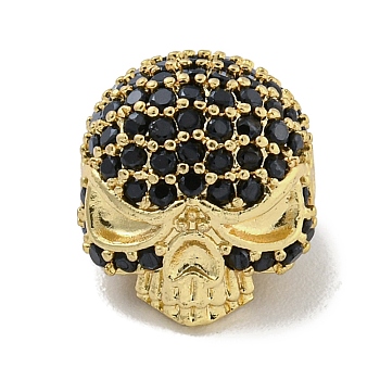Brass Micro Pave Black Cubic Zirconia Beads, Skull, Real 18K Gold Plated, 10x11x10mm, Hole: 1.5mm