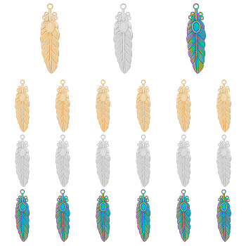 18Pcs 3 Colors 201 Stainless Steel Pendant Settings for Enamel, Feather, Mixed Color, Tray: 4x6mm, 46.5x13x2mm, Hole: 2.5mm, 6pcs/color