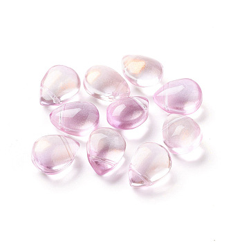 Transparent Glass Beads, with Glitter Powder, Dyed & Heated, Teardrop, Pearl Pink, 12x9x6mm, Hole: 1mm