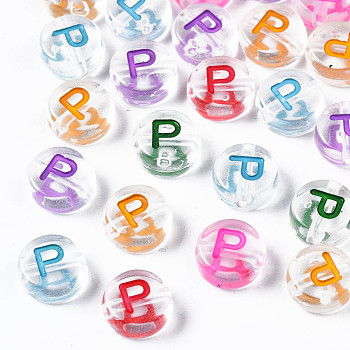 Transparent Clear Acrylic Beads, Horizontal Hole, Flat Round with Mixed Color Letter, Letter.P, 7x3.5mm, Hole: 1.2mm, about 3700pcs/500g
