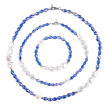 3Pcs Natural Shell & Plastic Pearl Flower & Glass Beaded Necklaces and Stretch Bracelet Set, Jewelry Set for Women, Blue, 15-3/8~18-1/4 inch(39~46.5cm), Inner Diameter: 2 inch(5.3cm)