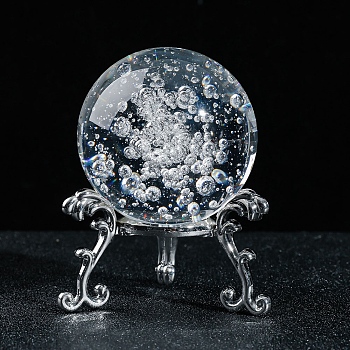 Inner Carving Bubble Glass Crystal Ball Diaplay Decoration, with Alloy Pedestal, Fengshui Home Decor, Clear, 80x80mm