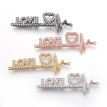 Brass Micro Pave Cubic Zirconia Links, Heartbeat & Heart with Word Love, For Valentine's Day, Clear, Mixed Color, 36x12x2mm, Hole: 0.7mm