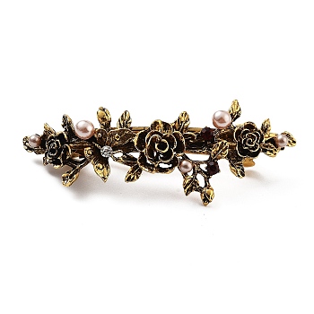 Flower Alloy Rhinestone Hair Barrettes, with Iron and Plastic Imitation Pearl, for Woman Girls, Antique Golden, 23x83x25mm