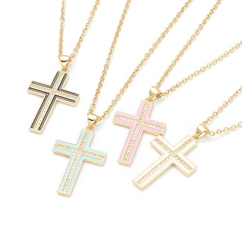 Brass Micro Pave Cubic Zirconia Cross Pendant Necklaces, with Enamel and 304 Stainless Steel Cable Chains, Golden, Mixed Color, 17.52 inch(44.5cm)