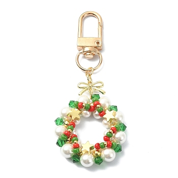 Christmas Wreath Shell Pearl Pendant Decoration, Alloy Bowknot and Swivel Clasps Charm, Colorful, 82mm